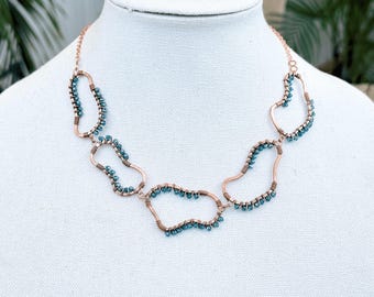 Blue Crystal Copper Necklace, Wire Wrapped Statement Bib, Handmade Wave Design Artisan Jewelry