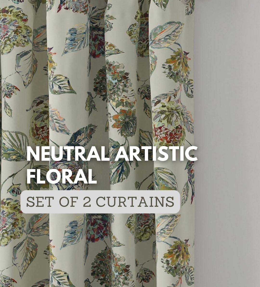Neutral Artistic Floral Linen Curtains Set of 2 Panels Linen Fabric