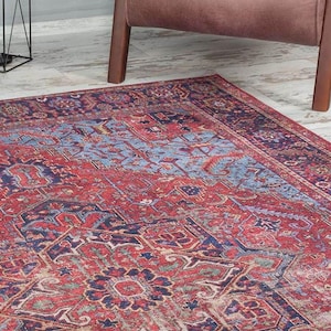 Timeless Turkish Rug, Perfect for Any Room, Oriental Medallion Carpet, Easy Clean Non Slip Backing, Blue and Red Boho Rug, Ethnic rug
