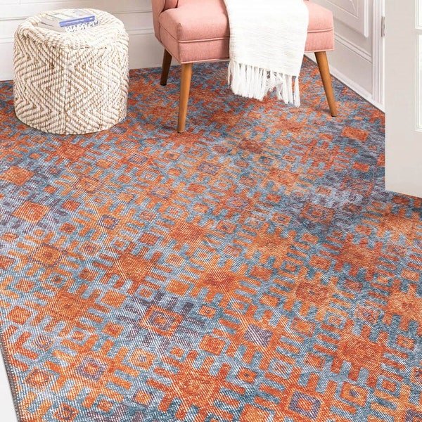 Tappeto Oushak arancione e blu dalla Turchia, Tappeti per Agriturismo, Boho Area Carpet, Lussuoso Teppich, Tappeti Eleganti, Stile Sostenibile
