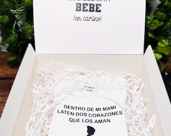 Dentro de mi mami laten dos corazones, spanish pregnancy announcement, anuncio de embarazo, esta caja contiene mucho amor