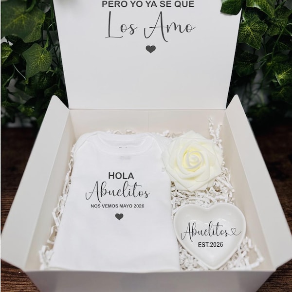 Personalisierte Schwangerschaftsmitteilung Geschenkbox: Baby Bodysuit & Keramikherz, Anuncio de embarazo, primate nieto, Hola Abuelitos