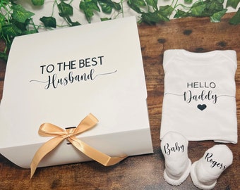 Pregnancy Announcement Gift Box for Husband: Personalized Bodysuit & Booties