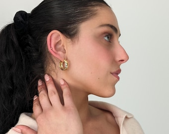 May include: A woman wearing gold hoop earrings. The earrings are thick and have a rounded shape.