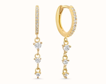 18k Diamond Dangle Drop Earrings, CZ Hoop Earrings, Dainty Dangle Earrings, Diamond Earrings, Gold Huggie Earrings, Gift for Her