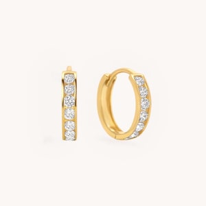 14K Solid Gold Diamond Huggies, CZ Hoop Earrings, Everday Earrings, Lightweight Earrings, Small Gold Huggies, Small Hoops,Gift For Her