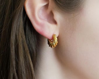 18k Gold Croissant Huggie Earrings, Everyday Hoop Earrings, Bold Croissant Earrings, Gold Hoop Earrings, Gold Twist Huggies, Gift for Her
