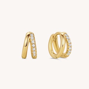 18k Double Hoop Diamond Huggie Earrings, Tiny Dainty Huggie Earrings, Small Diamond Hoop Earrings, Minimalist Earrings, Gift for her
