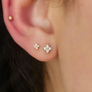 18k Diamond Flower Stud Earrings, Diamond CZ Earrings, Clover Earrings, Four Diamond Cluster Stud, 4 Stone Diamond Earrings, Gift for Her