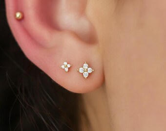 18k Diamond Flower Stud Earrings, Diamond CZ Earrings, Clover Earrings, Four Diamond Cluster Stud, 4 Stone Diamond Earrings, Gift for Her