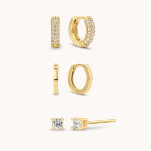 Juego de aros con diamantes en oro de 18 k, juego de aros con diamantes, aros, pendientes de plata de ley, pendientes de oro, regalo para ella