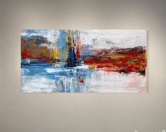 Handmade Textured Abstract Painting, Blue Red Gold Canvas Wall Art