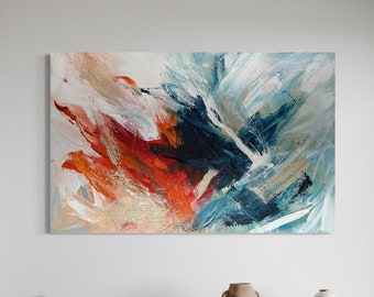 Blue Orange Abstract Painting, Modern Canvas Art, Original Textured Wall Decor, Large Handmade Artwork