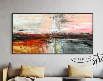 Abstract Sunset Landscape Painting, Modern Canvas Wall Art, Original Handmade Textured Artwork