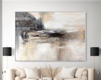 Beige & Black Abstract Painting: Modern Minimalist Canvas Art