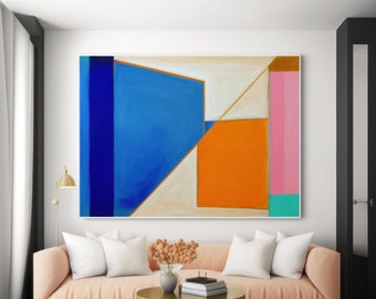 Handmade Color Block Painting: Royal Blue & Orange Geometric Abstract Art