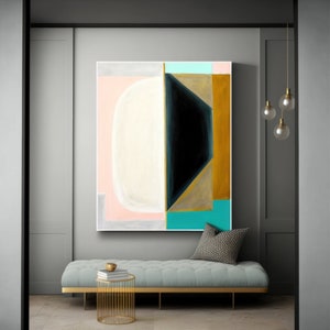 Entrada de sombras / Pintura geométrica abstracta en bronce, aguamarina y rubor / Arte de lienzo dimensional con ambiente moderno y contraste audaz para arte mural