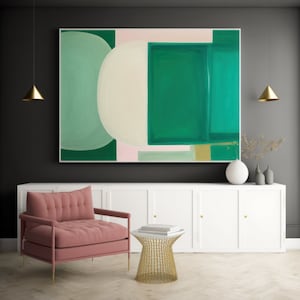 Arte contemporanea geometrica nei toni del verde foresta - Dipinto astratto originale fatto a mano su tela - Tendenze colore 2025 - Design da parete alla moda