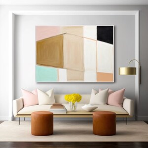 Cuadrícula de arena / Lienzo abstracto neutro cálido con beige, aguamarina y cacao / Arte de pared geométrico tranquilo para interiores terrosos / Sala de estar contemporánea