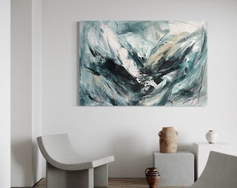 Emerald Abstract Painting, Modern Green Canvas Art, Original Handmade Wall Decor, Large Artwork