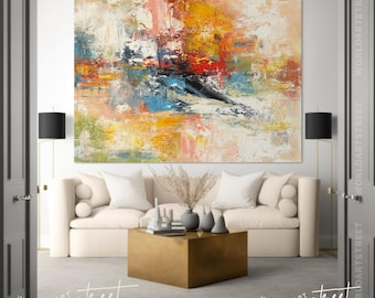 Arte abstracto en lienzo de gran tamaño: pintura acrílica texturizada, decoración de pared colorida