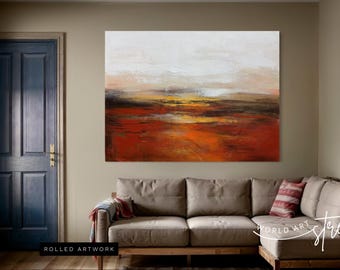 Warm Landscape Painting, Orange Abstract Canvas Art, Modern Handmade Wall Decor, Original Artwork