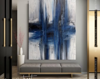 Large Abstract Acrylic Painting: Deep Blue Horizon, Modern Minimalist Wall Art