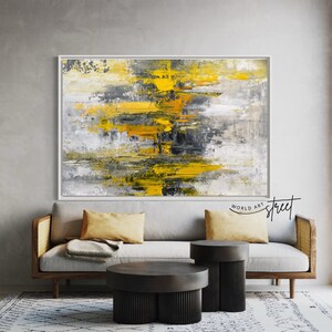 Golden Yellow Abstract Painting: Minimalist Living Room Art