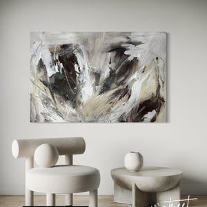 Minimalist Abstract Canvas Art, Black White Beige Painting, Modern Neutral Wall Decor, Contemporary Living Room Artwork On Canvas, Large Art