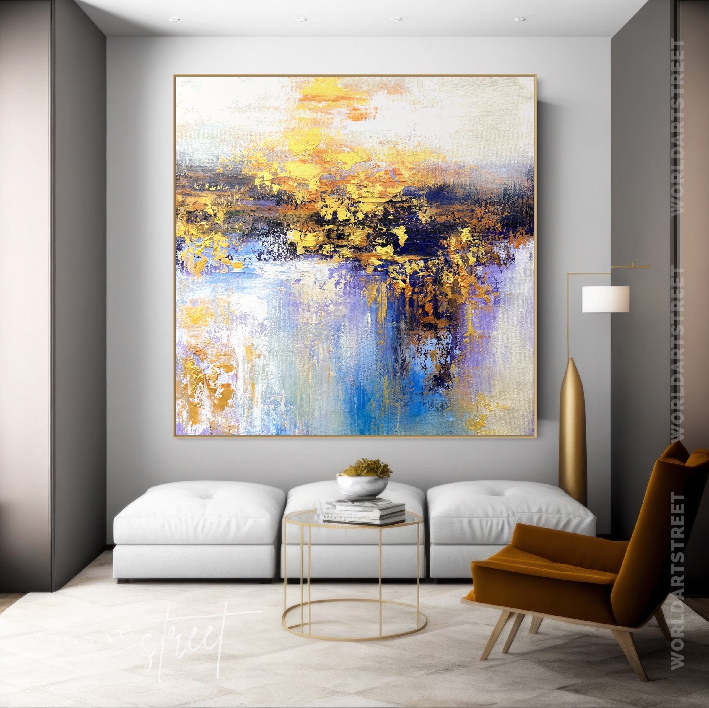 Original Blue Gold Oil Painting on Canvas Large Wall Art Abstract Art ...
