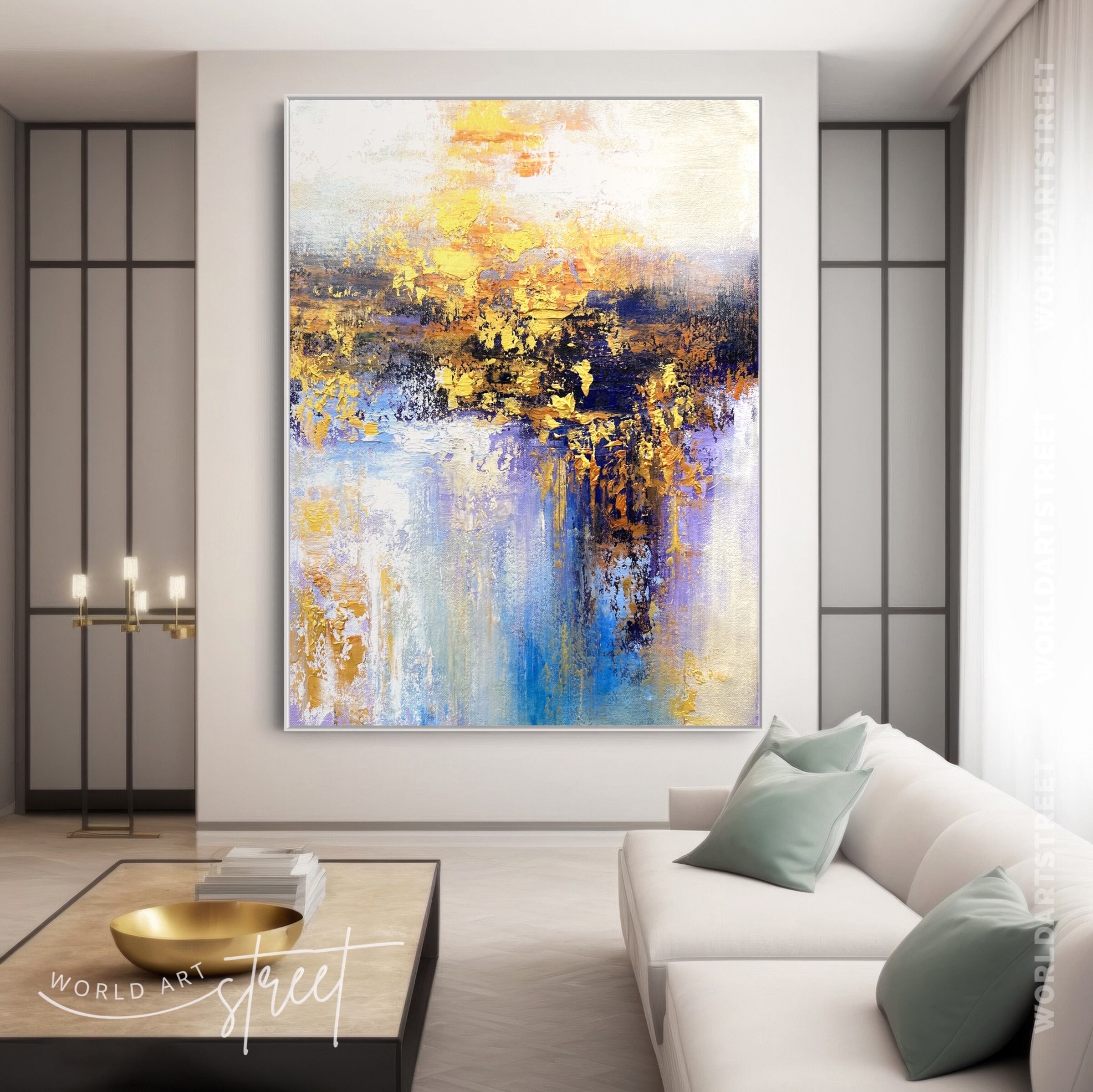 Original Blue Gold Oil Painting on Canvas Large Wall Art Abstract Art ...