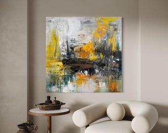 Pintura abstracta en amarillo y gris: arte moderno texturizado sobre lienzo