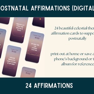 May include: Digital postnatal affirmation cards with celestial themes. The cards feature affirmations such as "I breathe out stress and breathe in peace." The image includes the text "POSTNATAL AFFIRMATIONS (DIGITAL)" and "24 AFFIRMATIONS."