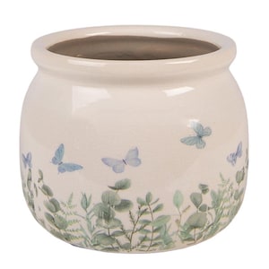 Pot en céramique craquelée papillons bleus et eucalyptus 12x10 cm
