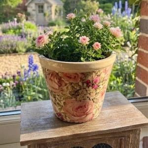 Peut inclure: Un pot en céramique à motifs floraux rempli de roses roses. Le pot est posé sur une surface en bois, avec un jardin et un petit bâtiment en arrière-plan. Le motif du pot présente des roses et d'autres fleurs.