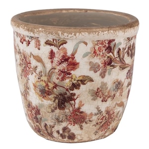 Peut inclure: Un pot de fleurs en céramique avec une base de couleur crème et une finition émaillée craquelée. L'extérieur est orné d'un motif floral détaillé dans des tons rouge foncé, orange sourd et vert tendre. Le bord présente une finition brune usée.