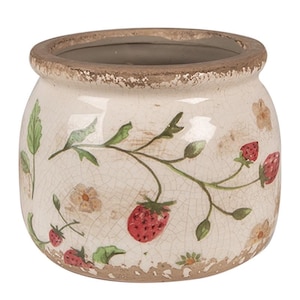 Pot de fleurs en céramique style vintage motifs fraises et fleurs 12 x 10 cm