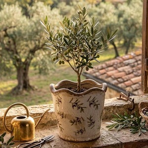 Peut inclure: Un olivier dans un pot en céramique blanc cassé décoratif avec un bord festonné et un motif de branches d'olivier. Un arrosoir doré et des ciseaux de jardinage sont à proximité. La scène se déroule sur un rebord en pierre.