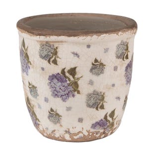 Peut inclure: Un pot de fleurs cylindrique en céramique avec une base de couleur crème et une finition craquelée visible. L'extérieur est orné d'un motif répétitif de grappes de fleurs d'hortensia violettes et bleues avec des feuilles vertes et un bord brun.