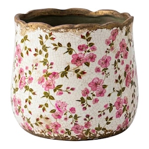 Pot de fleurs en céramique beige fleurs roses à motif romantique 18x18x 16