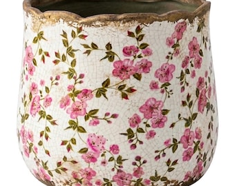 Pot de fleurs en céramique beige fleurs roses à motif romantique 18x18x 16