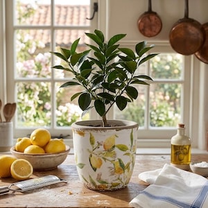 Peut inclure: Un citronnier en pot dans un pot en céramique décoratif avec des illustrations de citrons. Un bol de citrons et un demi-citron sont posés sur une table en bois, avec une râpe, une bouteille d'huile d'olive et un petit bol de sel.