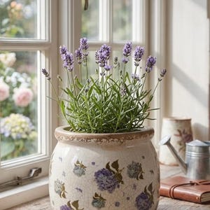 Peut inclure: Un pot en céramique contenant une plante de lavande. Le pot est blanc cassé avec un glaçage craquelé et des motifs floraux violets. La lavande a des épis de fleurs violets vibrants et un feuillage vert. Le pot est posé sur une surface en bois près d'une fenêtre.