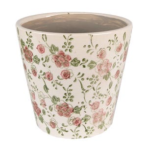 Peut inclure: Un pot de fleurs en céramique de forme conique avec une base couleur crème ornée d'un motif répétitif de petites fleurs roses et de vignes feuillues vertes. L'intérieur du pot est lisse et clair, et la surface extérieure est brillante.