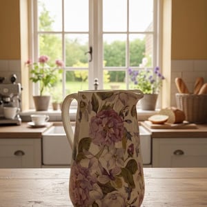 Peut inclure: Pichet en céramique orné de motifs floraux violets et blancs et de feuilles vertes. Le pichet a une anse incurvée et un bec verseur. Il est posé sur une table en bois dans une cuisine.