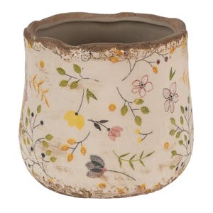 Peut inclure: Un pot de fleurs en céramique de couleur crème avec un bord brun vieilli, orné d'un motif botanique délicat composé de petites fleurs roses et jaunes, de feuilles vertes et de baies sombres réparties sur toute la surface extérieure.
