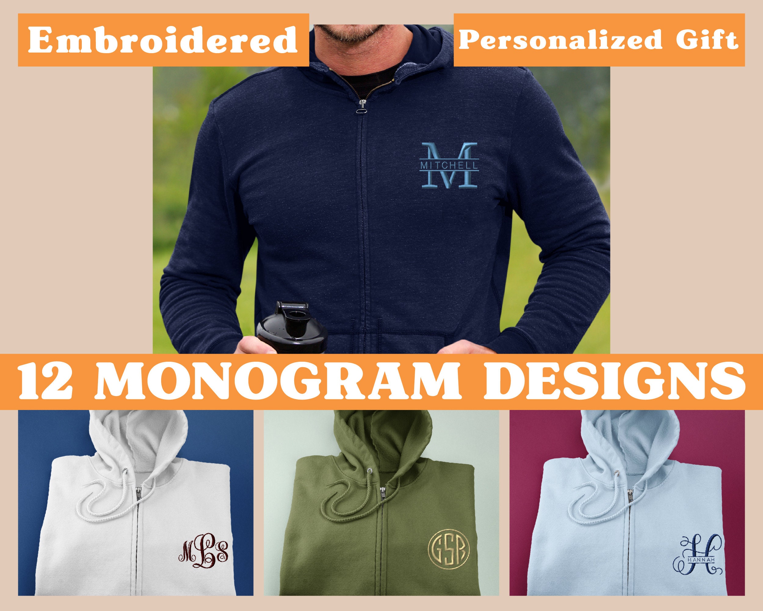 Embroidered Custom Monogram Full Zip Hoodie, Personalized Embroidery  Digitized Monogram Zip Up Hoodie
