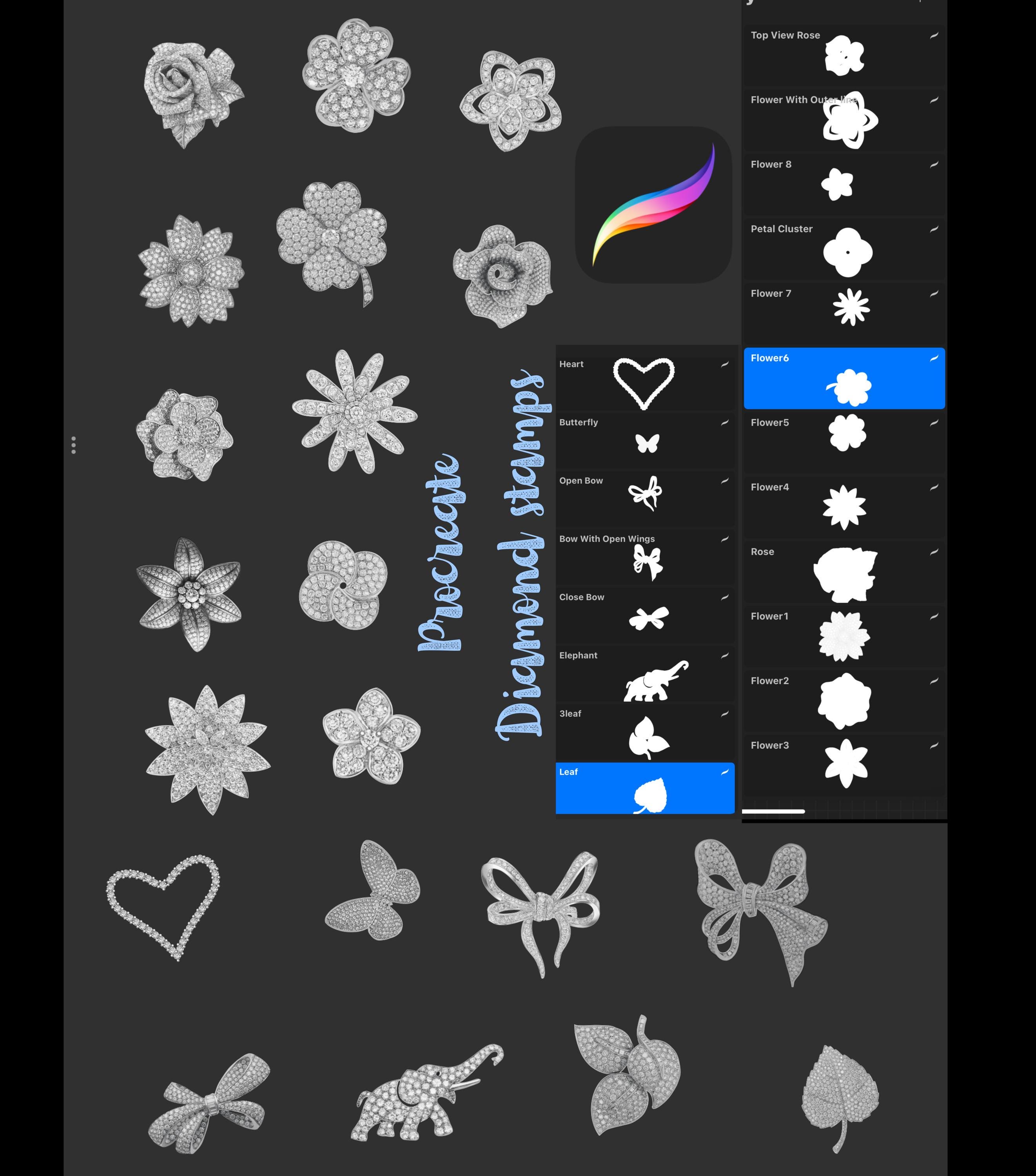 25 pincéis carimbo de motivos de diamante e joias para Procreate | Selos de gemas em duas cores
