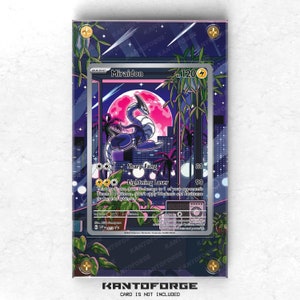 May include: A Pokemon trading card featuring Miraidon, a blue and purple electric-type Pokemon with a long neck and tail. The card has a purple and pink background with a cityscape and a full moon. The card's text reads "Miraidon, HP 120, Basic, Sharp Fang 30, Lightning Laser 90".