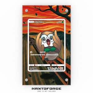 May include: A Pokemon trading card featuring a brown and green Rowlet with its eyes wide open and its wings spread out. The card is set against a background of a painting that resembles Edvard Munch's "The Scream". The card text reads "Rowlet" and "HP 60".